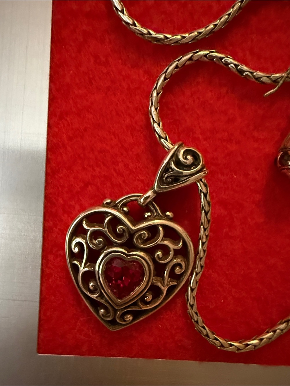Brighton Red Heart Necklace + Earrings Set - Scroll Filigree Heart Pendant - Picture 2 of 4